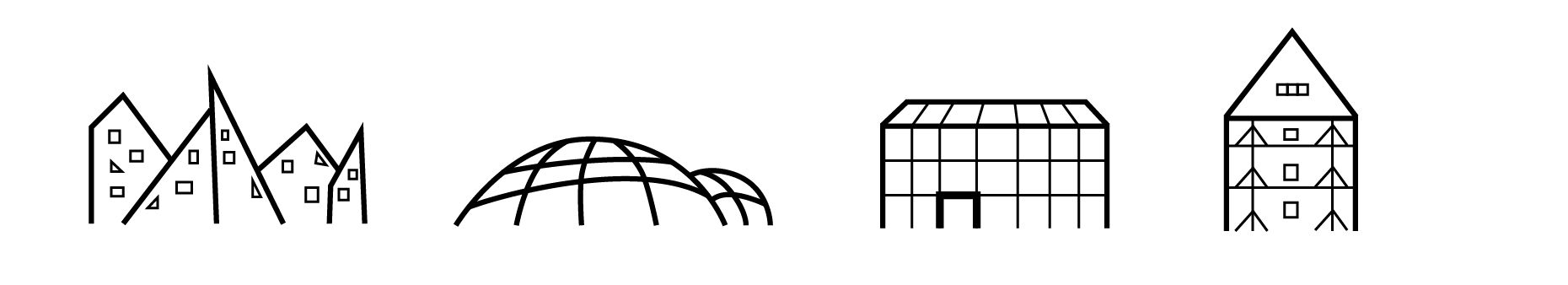 Custom icons of buildings in Aarhus - The iceberg, the botanic garden, musikhuset and the old city