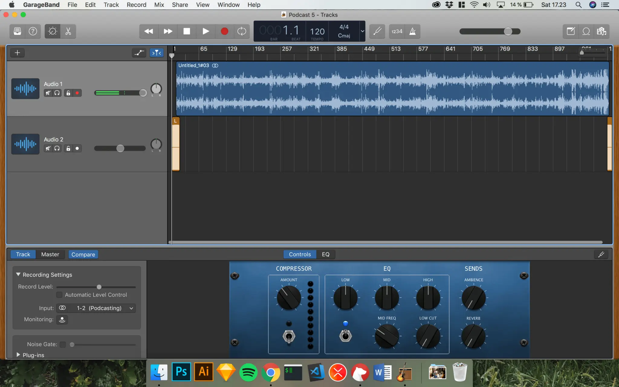 Screenshot from the interface of Apple Garageband with 2 audio tracks