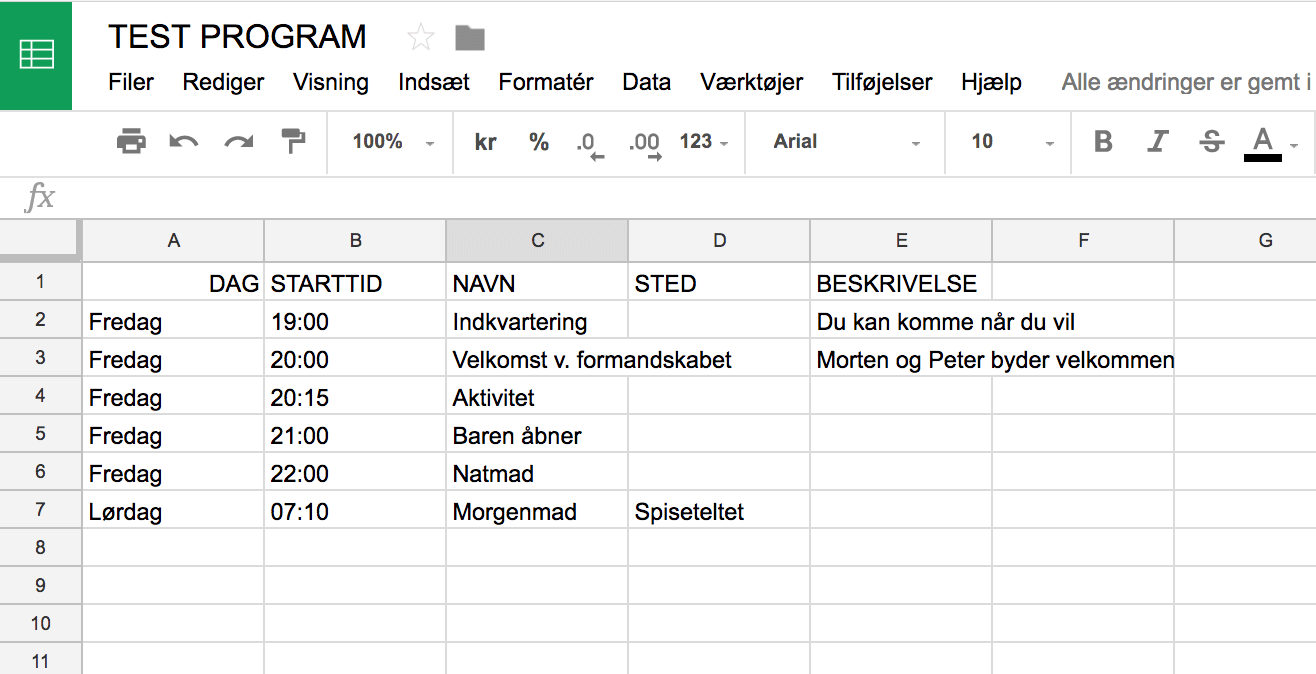 Screenshot of Google Sheets with the program of an event